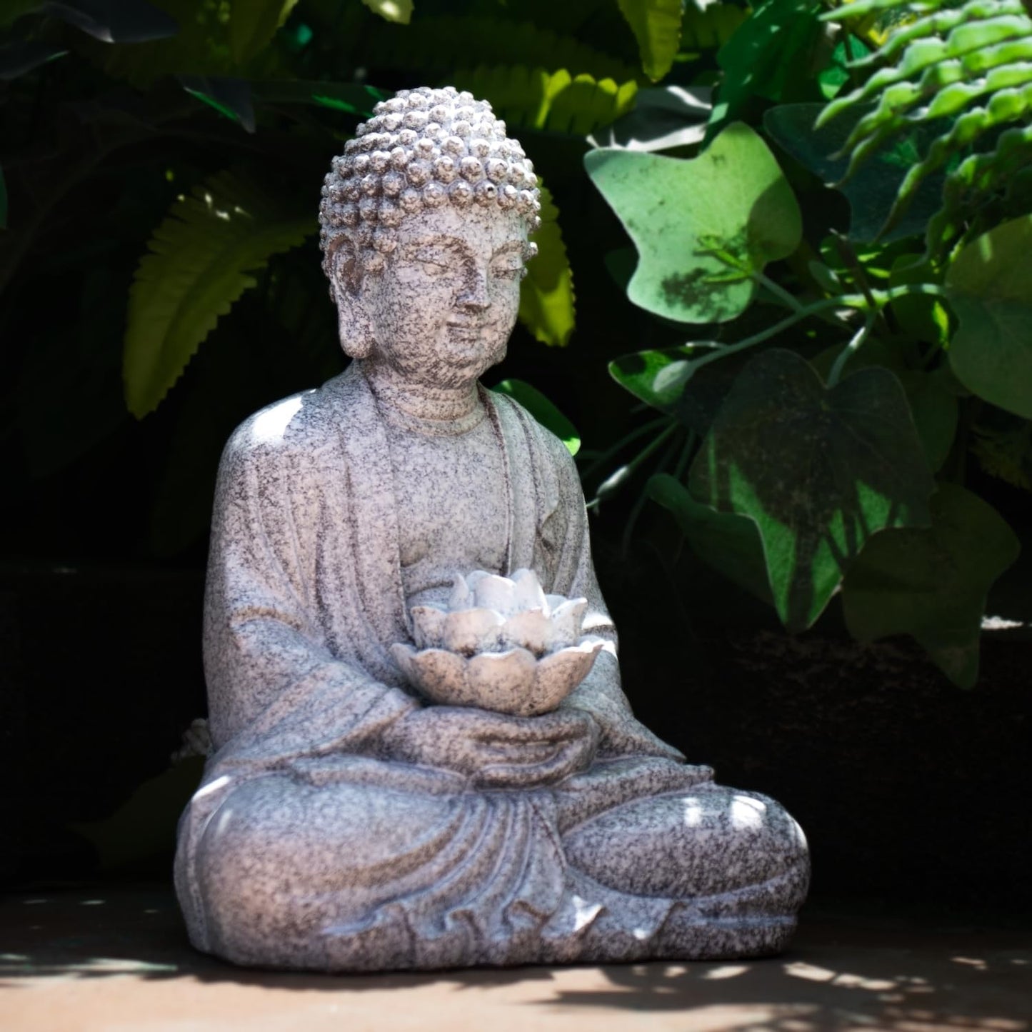 Buddha Lotus Statue with Solar Lights, Resin LED Figurine for Garden Decor – Unique Gift for Women and Friends(Grey Buddha)