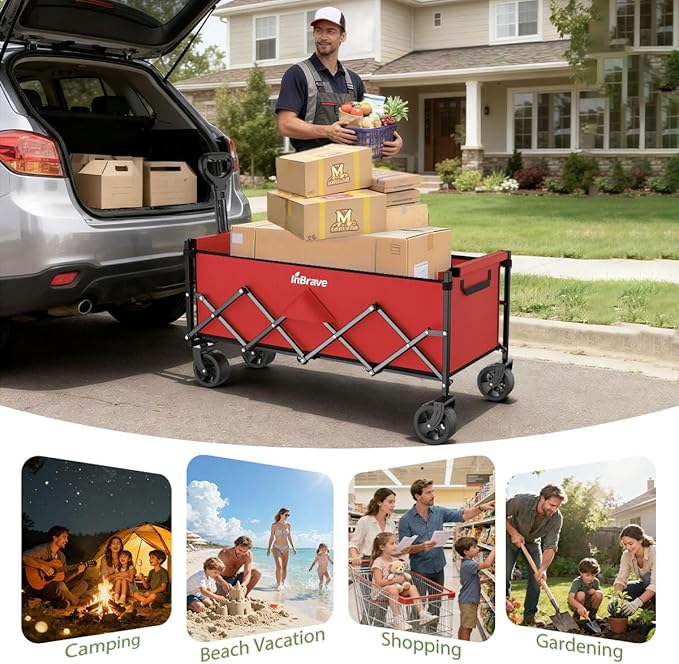 Extra Long Collapsible Wagon Cart, 480LBS Heavy Duty Utility Wagons with All-Terrain Wheels, Foldable Grocery Carts for Gardening, Shopping, Beach, Camping, Red