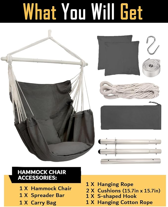 ADVOKAIR Hammock Chair Hanging Chair Swing Large Indoor with Anti-Slip Steel Spread Bar and Pocket-Max 500lbs-2 Cushions, Perfect for Bedroom,Outdoor,Patio, Porch,Backyard