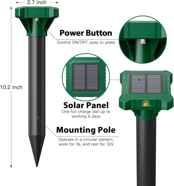 8 Pack Mole Repellent Solar Powered, Gopher Repellent Ultrasonic for Lawns, IP65 Waterproof Mole Deterrent for Yard, Outdoor Pest Control for Groundhog, Vole, Armadillo, Chipmunk, Snake