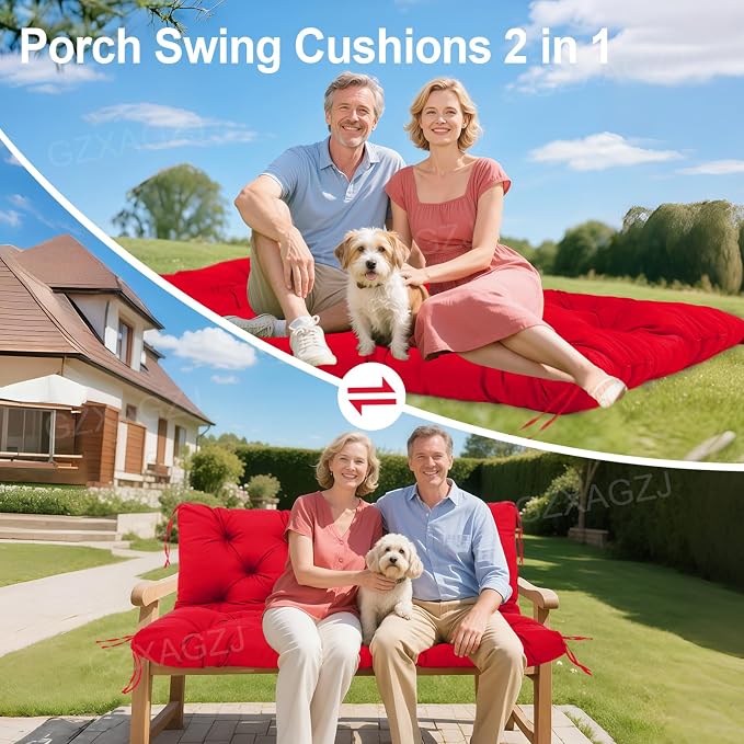 Porch Swing Cushions Outdoor 60 inch Waterproof Thicken 5" Swing Cushions Replacement with Backrest and Ties for Outdoor Furniture Porch Patio Garden Lawn (Bright red)