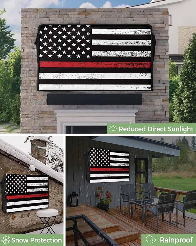 DecorLovee Red Vintage American Flag Outdoor TV Cover 52 to 55 Inches Weatherproof & Waterproof, USA Flag Outdoor TV Enclosure with Remote Control Pocket, Retro TV Screen Protectors for Outside TV