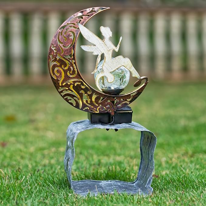 Metal Fairy Gutter Downspout Extensions with Solar Powered Glass Cracking Ball, Outdoor Waterproof Splash Block Sculpture Solar Garden Decor for Yard, Lawn