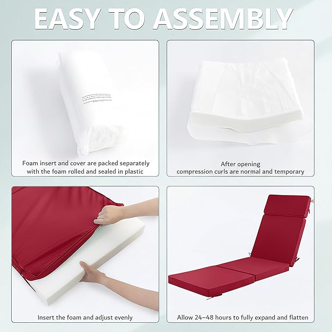 72 x 21 Inch Outdoor Chaise Lounge Cushions Set of 2 - Removable Cover, 4-Section Design, Water-Repellent & Fade-Resistant, 6 Tie Straps, Replacement for Patio & Pool Chairs - Burgundy