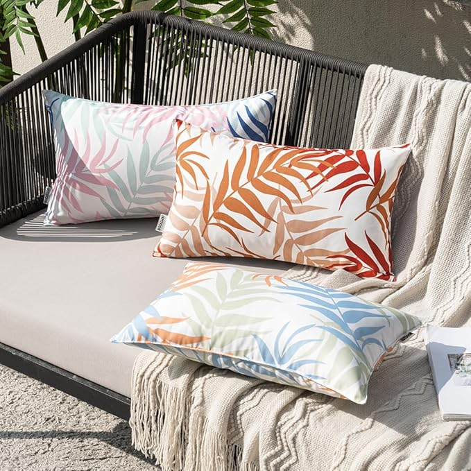 MIULEE Pack of 2 Decorative Outdoor Waterproof Throw Pillow Covers Patio Pillow Cases Natural Leaves Pattern Spring Square Cushion Shams Shell for Garden Balcony Couch 12x20 Inch, Orange