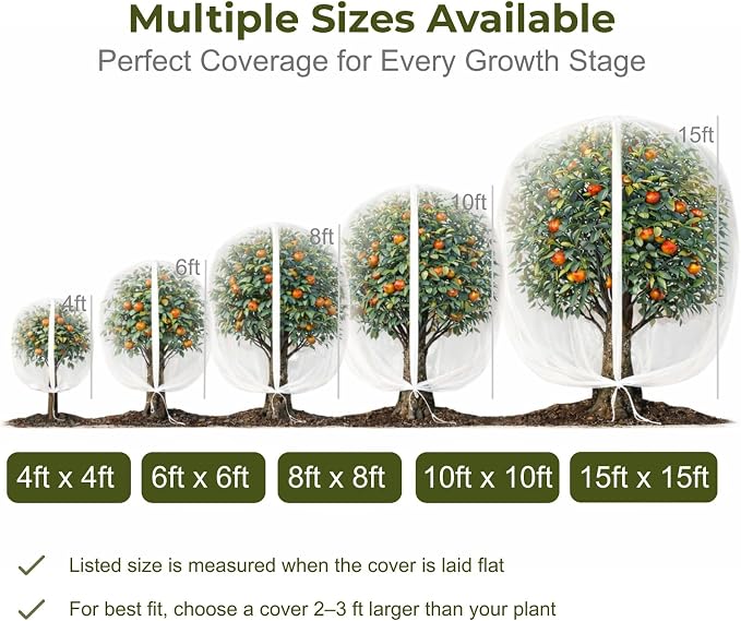 Fruit Tree Netting Cover with Zipper & Drawstring, 2 Packs 10ft x 10ft Insect Bird Barrier Netting for Garden Protection, Ultra Fine Mesh Garden Netting Pest Barrier, Extra Large
