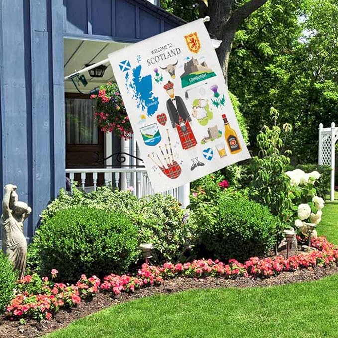 AOYEGO Welcome to Scotland House Flag 28 x 40 Inch Large Vertical Double Sided Travel Collection Scotsman Kilt Icon Map Thistle Seasonal Outside Décor for Garden Yard Farmhouse Flags