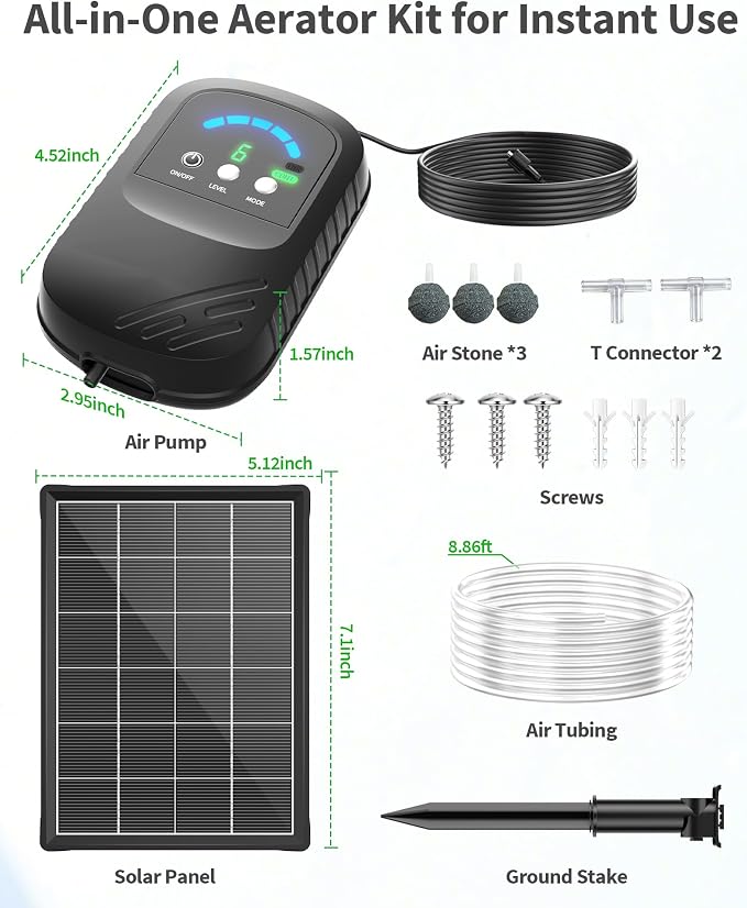 POPOSOAP Solar Pond Aerator with Digital Display, 4W Solar Air Pump 7/24H Oxygen Supply with Battery, 9 Adjustable Mode Oxygen Pump for Fish Pond, Koi Pond, Aquarium & Fishing Tank-P9335