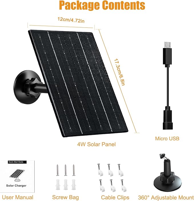 FUTUREZEN 4W Solar Panel for Security Camera, USB-C & Micro USB Solar Charger for 5V Rechargeable Battery Cameras, IP66 Waterproof, 360° Adjustable Bracket, 9.8ft Cable, (1 Pack, Black)