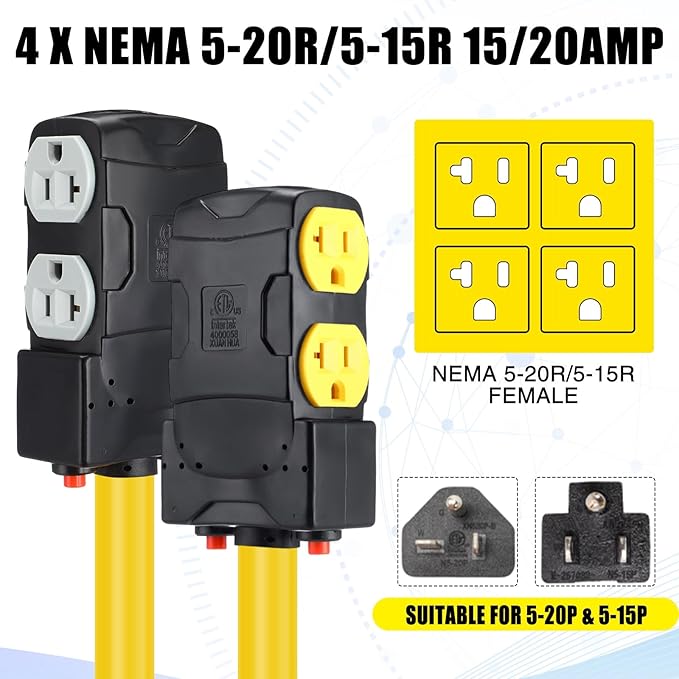 Kanayu 15FT 30 to 20 Amp 110V Generator Distribution Adapter Compatible with NEMA L14-30P to NEMA 4X 5-20R/ 5-15R, 4 Prong Generator Locking to Four Household Outlet with 20 Amp Circuit Breaker