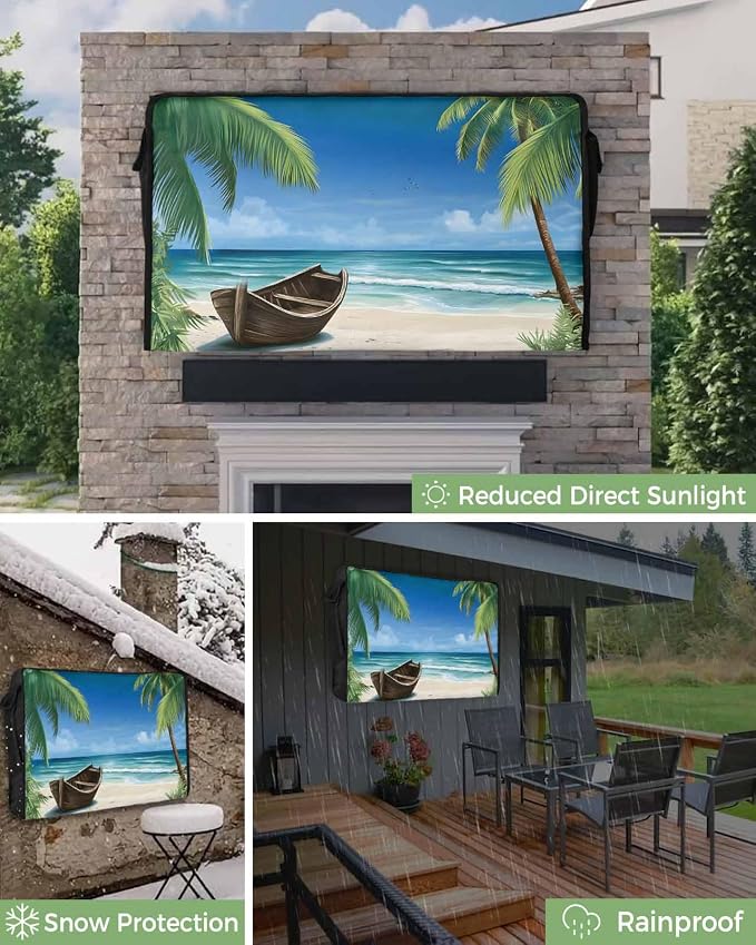 Outdoor TV Cover - Summer Palm Tree Ocean Beach Boat Waterproof and Weatherproof 80"-85" LCD Movable Shield TV Display Screen Protector Outside Television Covers