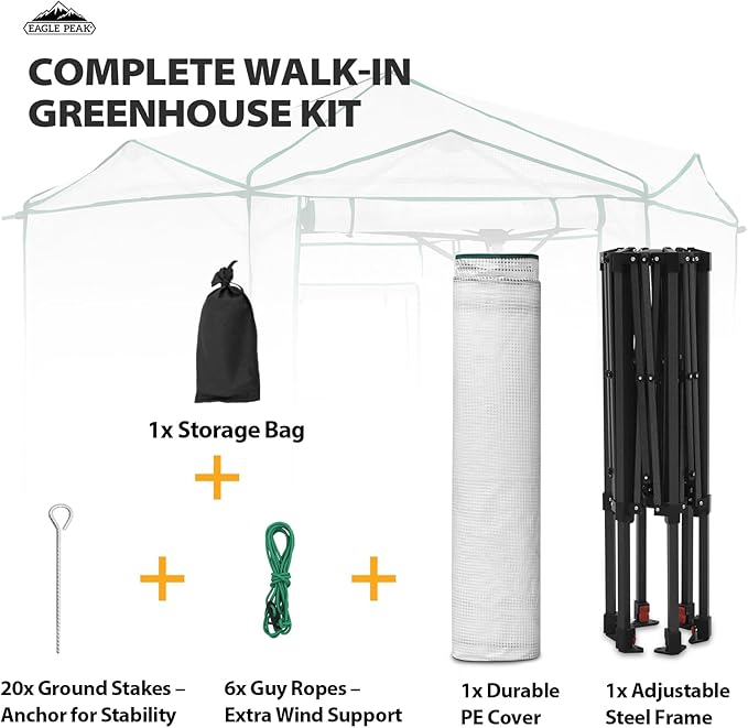 EAGLE PEAK 6.6x6.6 Portable Walk in Greenhouse, Pop Up Indoor Outdoor Greenhouse, Green House Kit with Zippered Roll-Up Doors and Windows, Hexagon Design, PE Cover, Clear/White