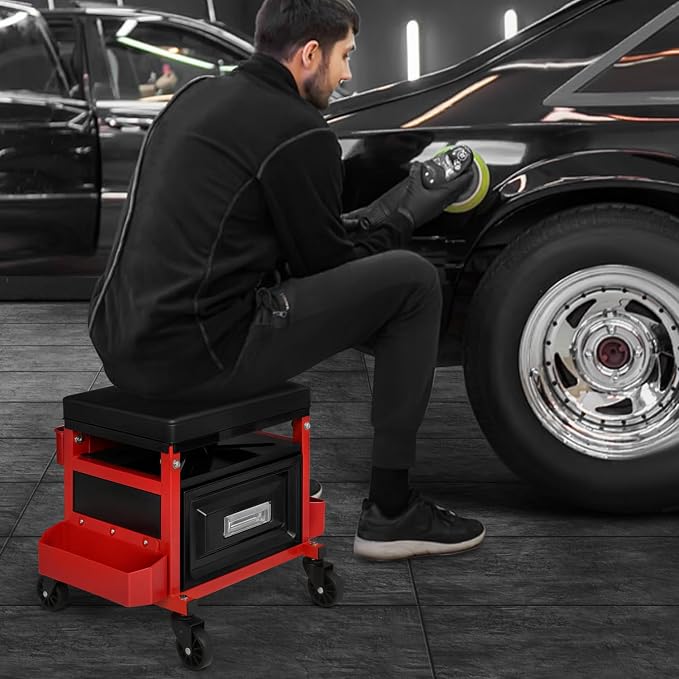 M-AUTO Mechanic Stool Garage Rolling Tool Chest Seat w/Drawer & Tray, 350LBS Capacity Multi-Function Adjustable Height Mechanic Creeper Seat for Projects Inside The Garage and Workshop, Red