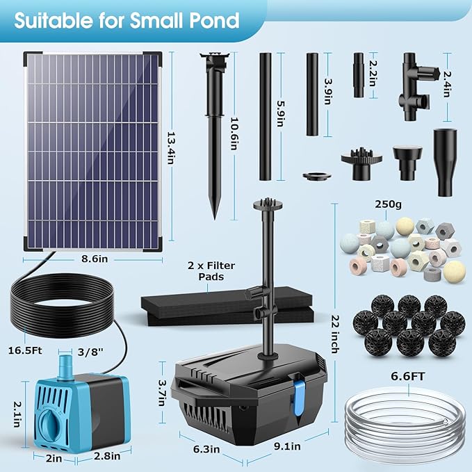 Antfraer Solar Pond Filter with Water Pump, 10W Solar Pond Pump with 6.6FT PVC Tubing/16.5FT Cord, Pond Filter Box for Outdoor Small Pond Waterfall Garden Bird Bath Water Clear