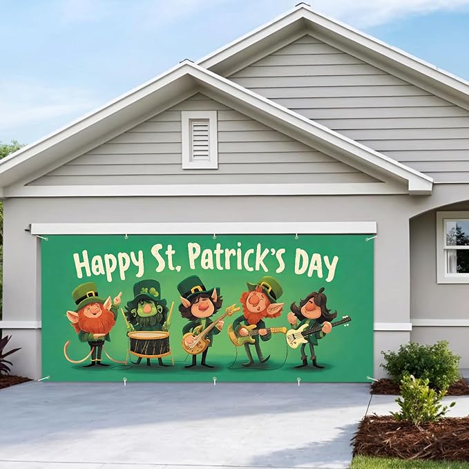 7 * 16FT Summer Garage Door Cover Decorations Sunset Palm Trees Garage Door Banner for Outdoor Indoor Summer Party Photography Backdrop (Happy St. Patrick's Day, 7 * 16 ft)