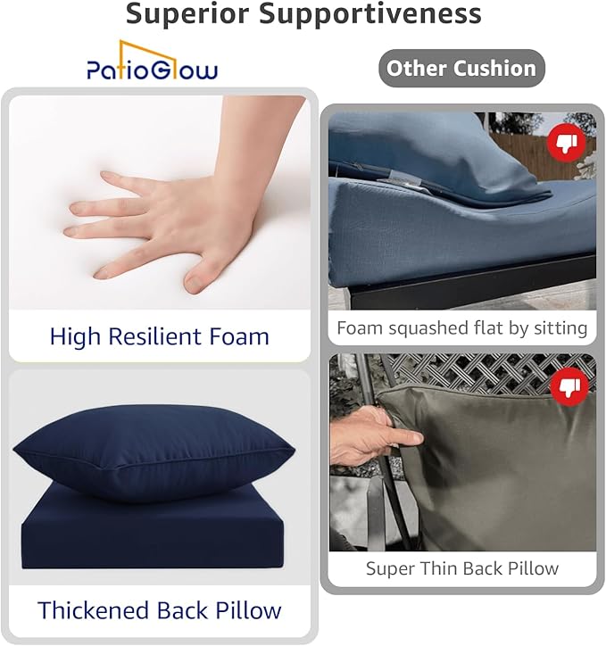 PatioGlow Outdoor Seat Cushion Set 22 x 22 x 4 Inch, Waterproof & Fade Resistant Patio Furniture Cushions with Removable Cover and Ties, Thick Deep Seating Pads for Outside Chair Sofa Couch, Dark Blue