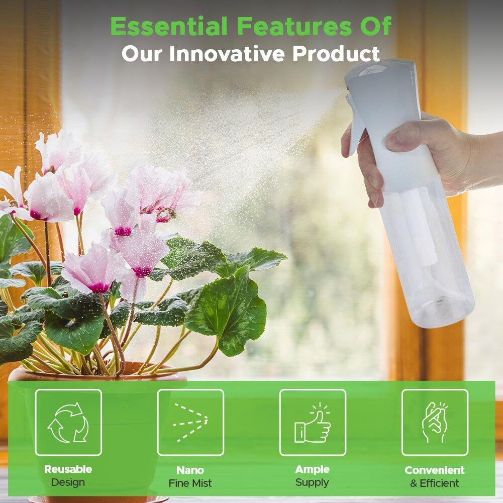 VIGOR PATH Continuous Mist Spray Bottle – Fine Mist Sprayer for Hair, Plants, Cleaning & Beauty – Refillable & Reusable Water Spray Bottle (Clear, 10oz)