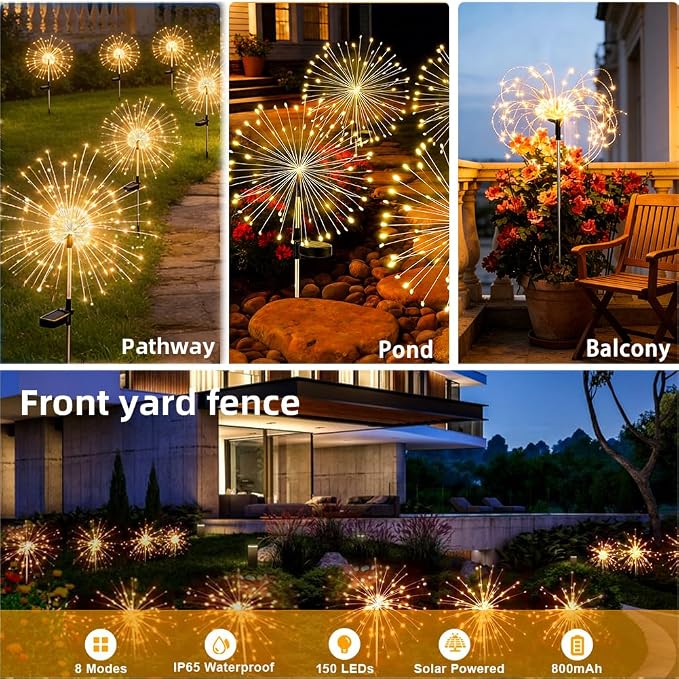 Solar Fireworks Lights for Outside,150 LED 8 Mode Firework LED Solar Fairy Lights Twinkling Tree Outdoor for Garden Yard Landscape Patio Lawn Wedding Christmas Part Decor Warm White (6 Pack)