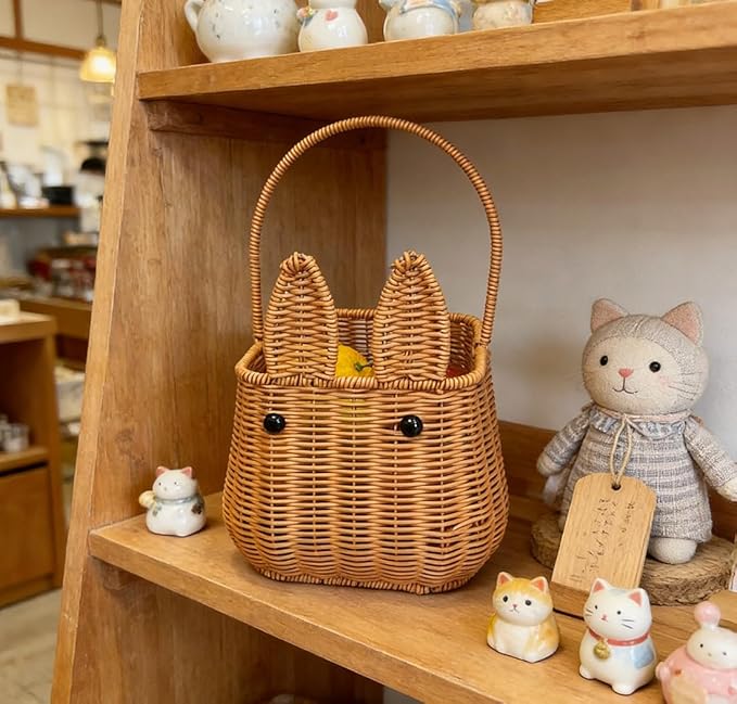Picnic Basket, Garden Harvest Basket, Wicker Shopping Baskets with Fixed Handle, Reusable Handwoven Market Baskets for Carrying Shopping Storage Gathering (Brown, Bunny Ears)
