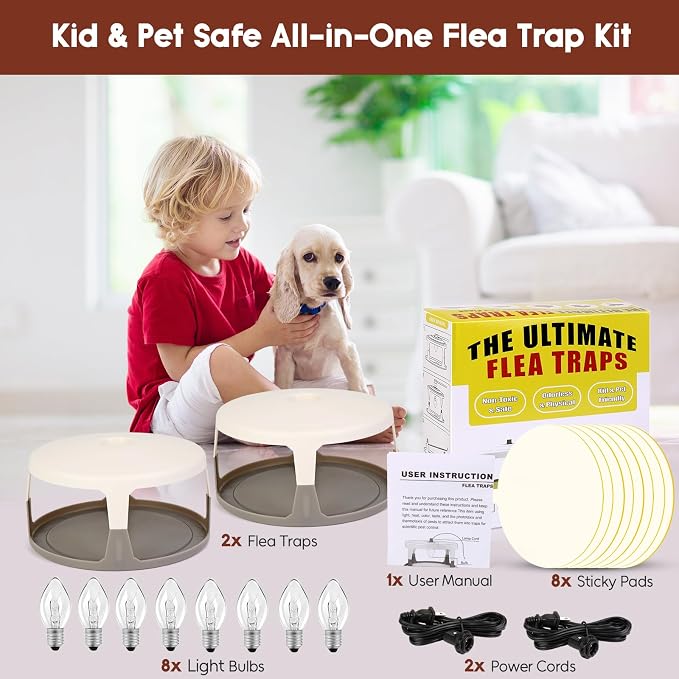 Flea Traps for Inside Your Home, 2 Pack Indoor Flea Light, Electric Bed Bug Insect Killer with 8 Sticky Pads & 8 Light Bulb Replacement, Natural Pest Control w/Glue Discs Refills, Safe for Kid Pet