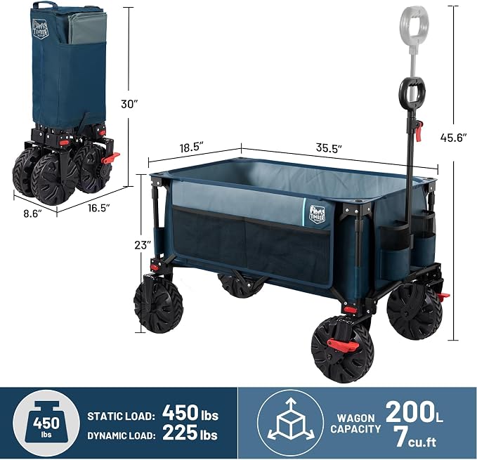 Timber Ridge Outdoor Collapsible Wagon with Brakes Utility Folding Cart Heavy Duty All Terrain Wheels for Shopping Camping Garden with Side Bag and Cup Holders, Blue