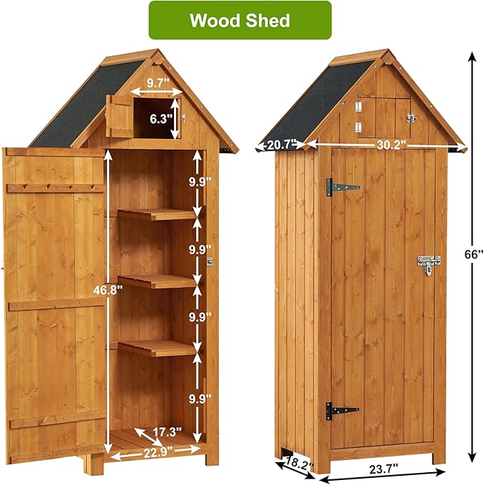 FairOnly Outdoor Shed Storage Cabinet, Garden Wooden Sheds, Outside Storage Cabinet Weather Proof with Floor, Fir Wood Tool Organizer with Door and Shelves for Backyard, Hallway (Natural)