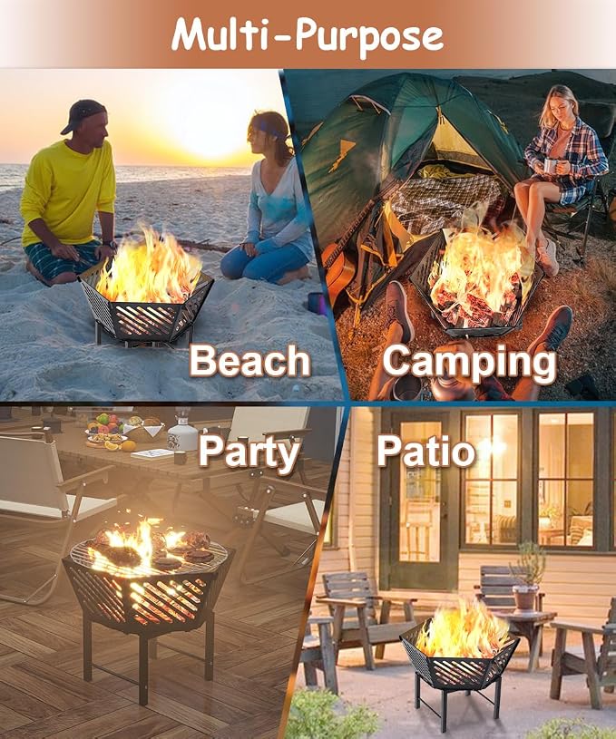 22.5 Inch Portable Hexagon Fire Pit with Travel Bag — Heightened Smokeless Design Outdoor Wood Burning Fire Pit for Camping, Backyard, Patio, Bonfire, Picnic and BBQ, Diagonal Hollow Style
