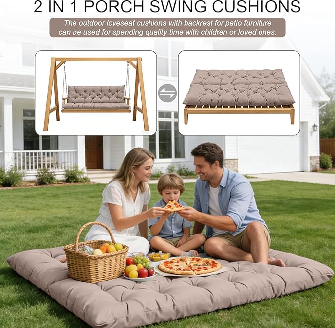 Porch Swing Cushions, Outdoor Swing Replacement Cushions 3 Seater with Backrest, Waterproof Bench Cushion with Ties,for Patio,Porch, Garden,Backyard (Khaki 60 * 40 in)