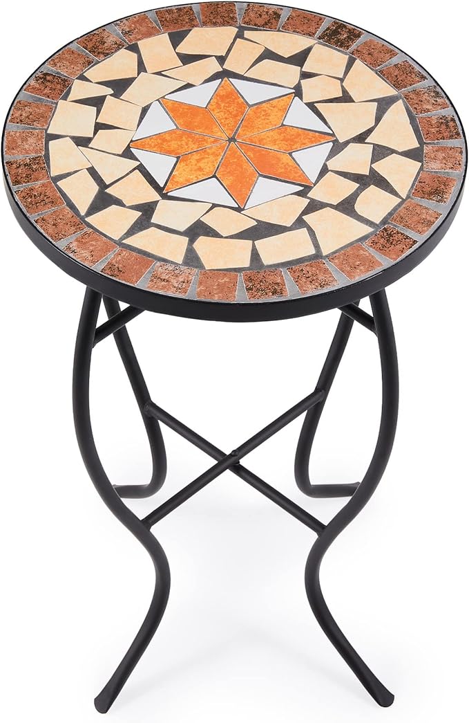 VONLUCE Mosaic Side Table and Plant Stand, 21" Round End Table with 14" Ceramic Tile Top, Indoor & Outdoor Accent Table, Porch Patio Furniture, Entryway & Coffee Table for Home & Garden, Maple