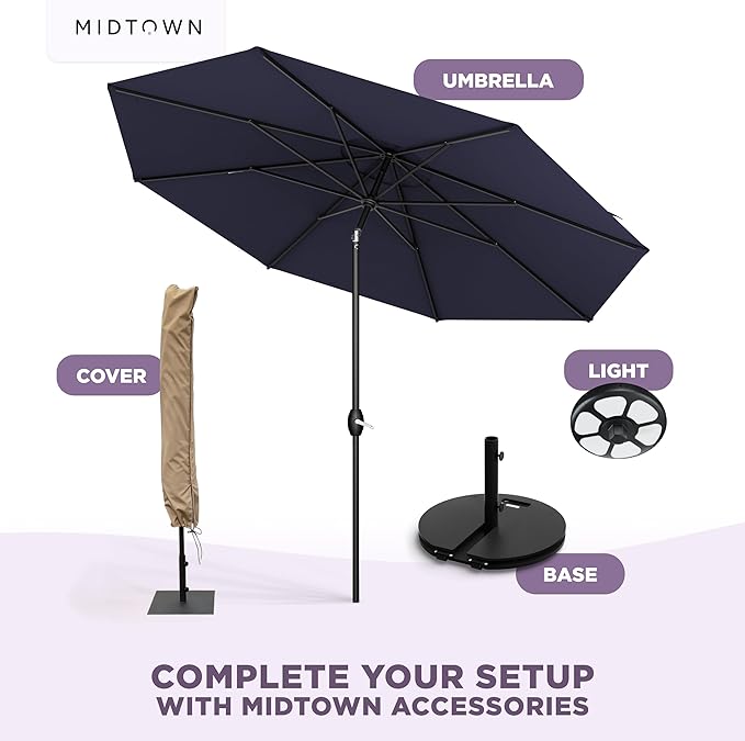 Midtown Umbrellas - 10-Year-No-Fade 6 Ft Patio Umbrella with Terylast Fabric, Auto-Tilt Aluminum Frame and 8 Reinforced Ribs for Deck, Pool, Garden & Beach - Navy Blue Canopy, Black Pole