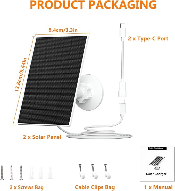 Zivif 2W Solar Panel for Security Cameras, Solar Charger with Micro USB & USB-C Port for Rechargeable Battery Security Camera, 360° Adjustable Mount (2 Pack)