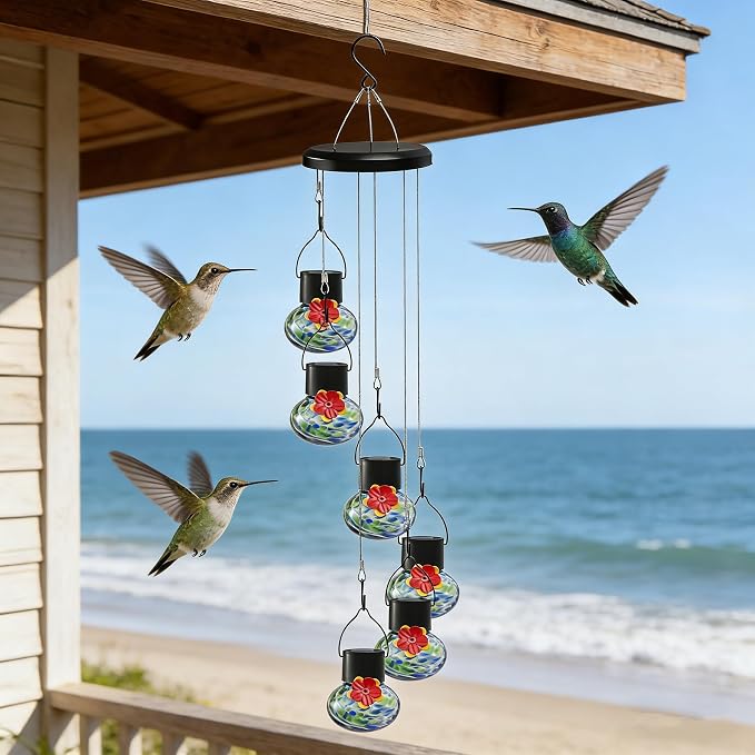 Solar-Powered Hummingbird Feeder with Wind Chime Elegance – 6 Leak-Proof Glass Ports, Frosted Design & Blue Green Night Lights – Perfect Outdoor Gift for Nature Enthusiasts