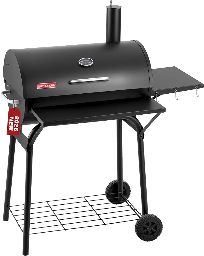 Barrel Charcoal Grill, 554 Sq.In Large BBQ Grill & Smoker with Warming Rack, 4-Position Charcoal Pan, Thermometer, Side & Front Tables, Wheels for Outdoor Backyard Patio