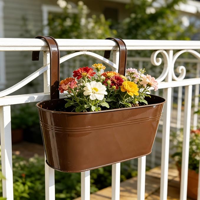 Set of 6 Balcony Hanging Planters, 2 Pcs 17" Metal Railing Flower Pots & 2 Pcs 12" Deck Planter & 2 Pcs 4" Fence Pot for Outdoor Patio Garden Décor, Chocolate