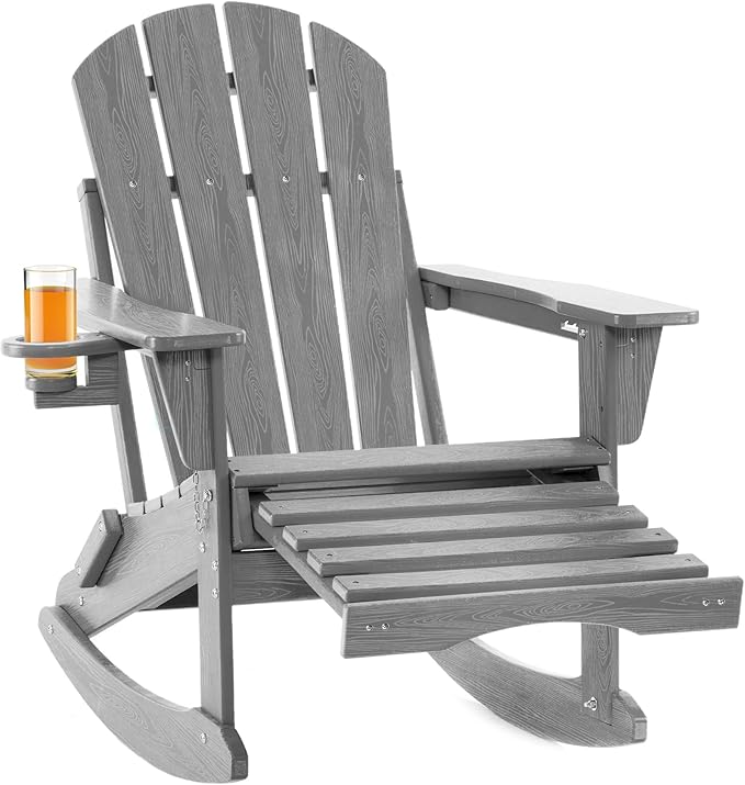 Adjustable Adirondack Rocking Chair with Retractable Ottoman, 4-in-1 Multifunctional Folding Patio Chair with Cup Holder, Outdoor Chair Wood Texture for Lawn, Porch, Backyard, Pool(Grey)