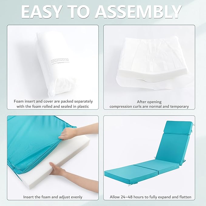 80 x 26 Inch Outdoor Chaise Lounge Cushions Set of 4 - Removable Cover, 4-Section Design, Water-Repellent & Fade-Resistant, 6 Tie Straps, Replacement for Patio & Pool Chairs - Teal