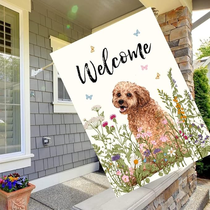 Floral Golden Doodle Garden Flag Spring Summer House Flags 28 x 40 Double Sided Flower Dog Yard Flags for Outside Large Outdoor Welcome Flags