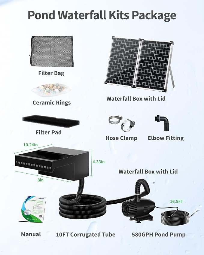 POPOSOAP 55W Solar Pond Waterfall Spillway with Pond Pump, Pond Spillway with 304 Stainless Steel & Filtration System & 9.8FT Tube for Pond Fountain Waterfall Garden Water Features-P5552S
