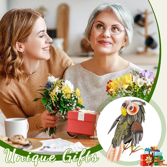 Metal Owl Garden Statue, 9'' Funny Owl Figurine Outdoor Yard Art Decor, Waterproof Owls Decor for Garden, Lawn, Backyard (Grey)
