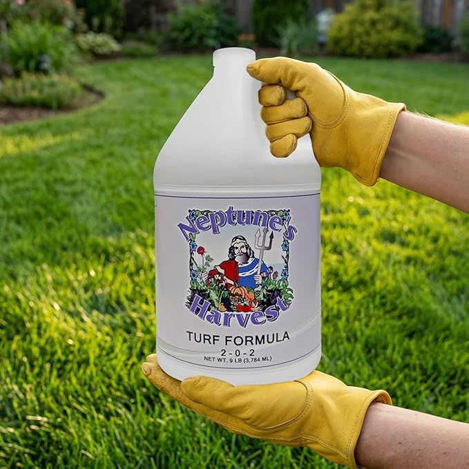 Neptune's Harvest Turf Fertilizer (2-0-2) - 9 LB Bottle - Fish & Seaweed-Based Lawn Food Formula - Organic Liquid Fertilizer for Lawn & Seed - Ideal for Flowers, Vegetables, Trees, & Shrubs