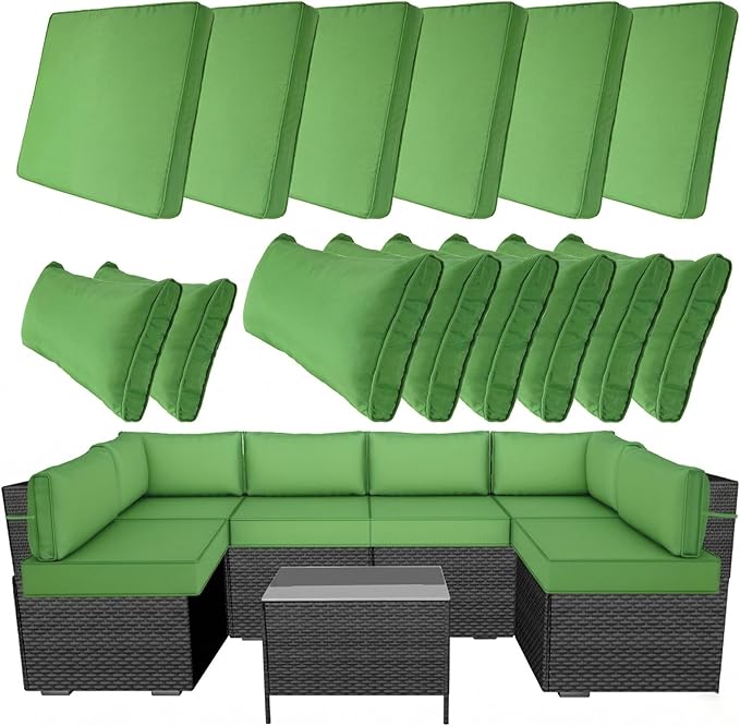 14 Piece Outdoor Furniture Replacement Cushions, Cover+Filling, 25.6" x 25.6" x 4" Foam Waterproof Outdoor Sofa Cushion Sets, Fit Wicker Rattan Sectional Conversation Set,Grass Green