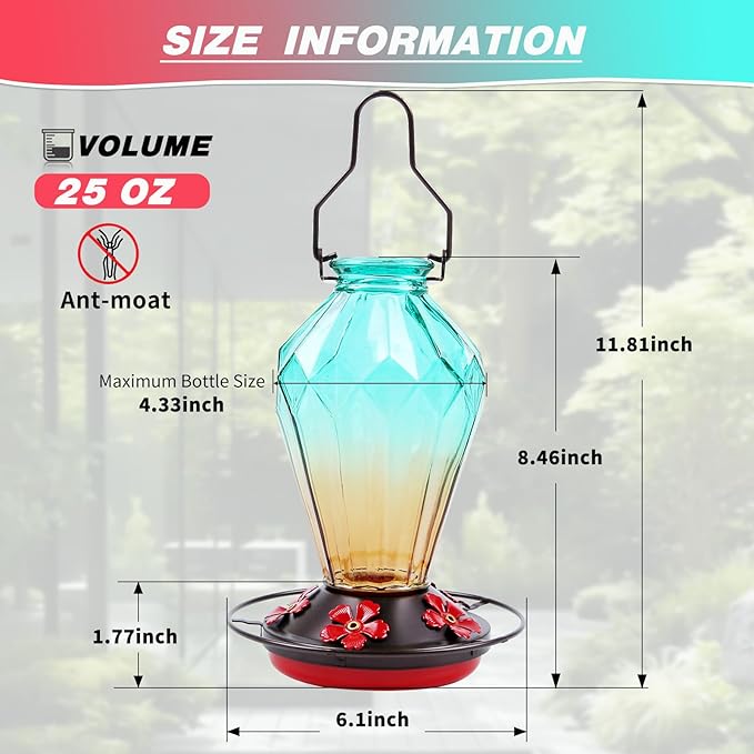2 Pack Glass Hummingbird Feeder for Outdoors Hanging, 25Oz Humming Bird Nectar Feeder, Perch, 5 Flower Feeding Ports, Leak Proof Base, Hook for Outside Garden Backyard, Diamond Green