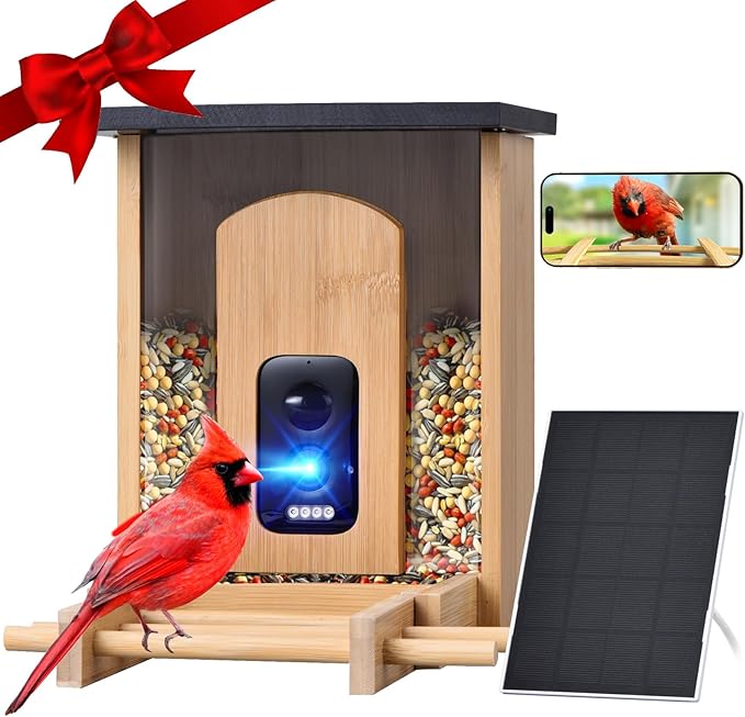 Camera Bird Feeder,Smart Bird Feeder with Camera,High-End Bamboo Birds Watching Cam,2K HD Came Solar Powered,AI Identify 16000+,Auto Capture Birds & Notify in Time, Ideal Gift for Backyard Birder