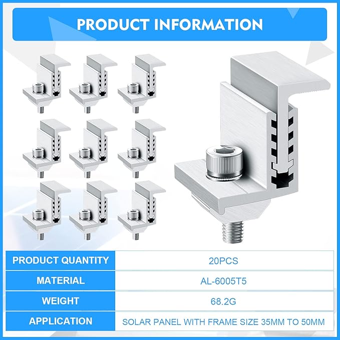Zhengmy 20 Pack Solar Panel End Clamp Mounting Z Bracket Mid Clamps Aluminum Rail End Clamps Clips Adjustable Panels Grounding Gutter Kit for Pv Mounting System Install Hardware Fasteners Accessory
