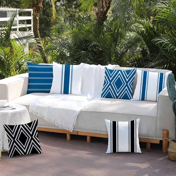 DFXSZ Outdoor Pillow Covers 18x18 Inch Set of 4 Blue Waterproof Modern Geometry Throw Pillows Outdoor Summer Waterproof Decor for Patio Funiture Garden Polyester Cushion Covers 013K18