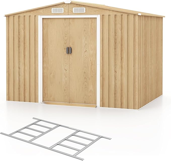 Goplus 8' x 6' Woodgrain Outdoor Storage Shed, Galvanized Metal Tool House Organizer w/Base Floor, 4 Vents, Lockable Doors, Waterproof Garden Sheds & Outdoor Storage for Backyard, Lawn, Patio