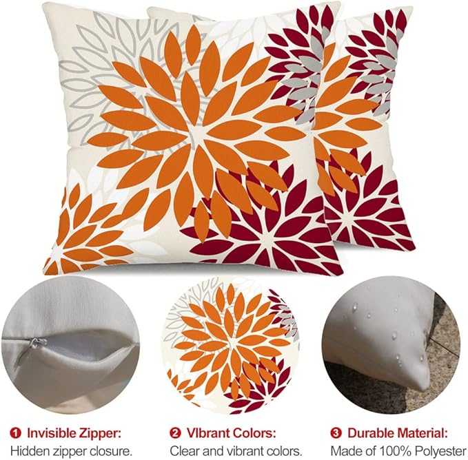 DFXSZ Orange Wine Red Flower Pillow Covers 18x18 Inch Set of 2 Outdoor Throw Pillows Outdoor Waterproof Decor for Living Room Sofa Patio Funiture Garden Floral Polyester Pillow Covers 002S18