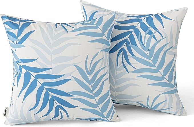 MIULEE Pack of 2 Decorative Outdoor Waterproof Throw Pillow Covers Patio Pillow Cases Natural Leaves Pattern Spring Square Cushion Shams Shell for Garden Balcony Couch 18x18 Inch, Light Blue