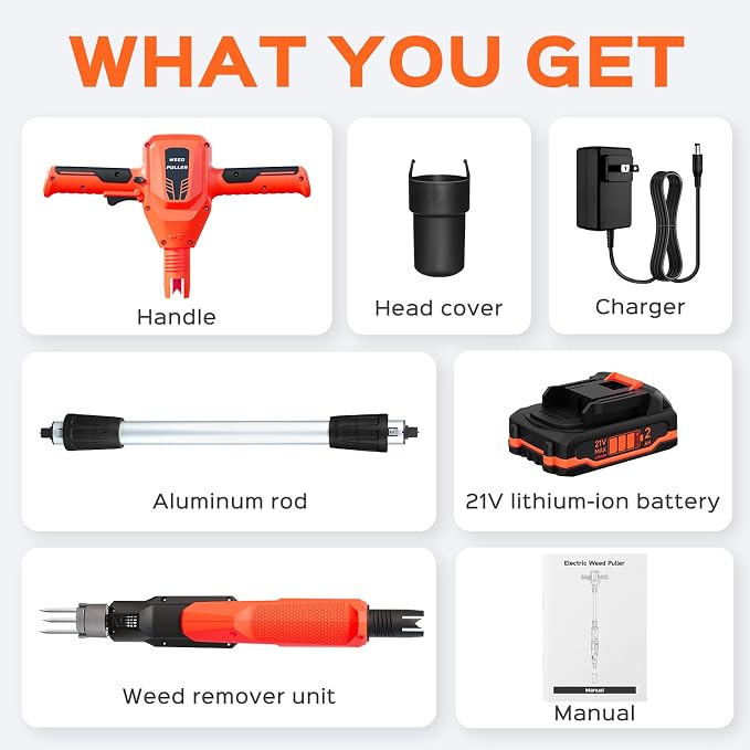 Weed Puller Tool, 21V Powerful Electric Weeder Tool with 2.0Ah Battery and Charger, Garden Tools Weed Pulling Tool with 3-Claw Steel Head for Smooth Weeding, Ideal Gifts for Men Women Mom Dad, Orange