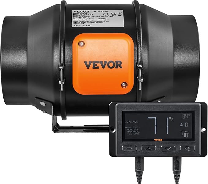 VEVOR Inline Duct Fan, 6-Inch 402 CFM with Temperature Humidity Controller, Quiet EC-Motor Ventilation Exhaust Fan for Cooling Booster, Grow Tents, Hydroponics